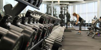 Rows of dumbbells in a gym with people exercising in the background.